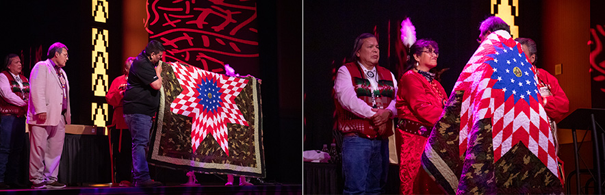 CTER President Lee Adolph is honored for his contributions to TERO and his service in the US Army by the MHA Nation TERO staff with a quilted blanket  