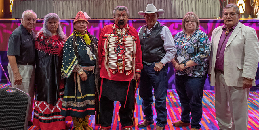 From the Awards Banquet at the 2021 National Conference at the Coeur D’Alene Casino Resort Hotel, Worley, Idaho (left to right) Council for Tribal Employments Rights cofounder John Navarro, board members Theo Del La Rosa, Tamara Strong, Kelcey Packineau, Hutch Noline, Terri Henry, and president Lee Adolph.